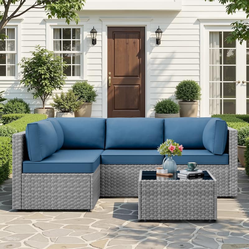Outdoor 5-Piece Wicker Sectional Sofa Patio Conversation Set with Table - NavyBlue/Silver