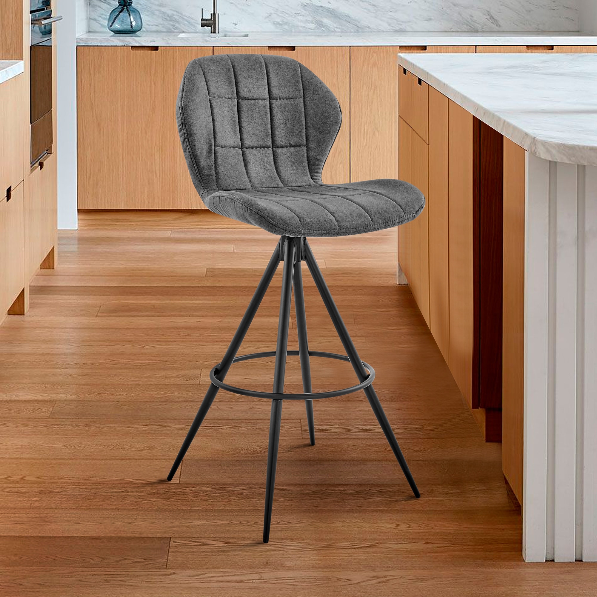Catalina Modern Bar Stool, Upholstered Bar Chair with Charcoal Gray Fabric and Black Metal Legs