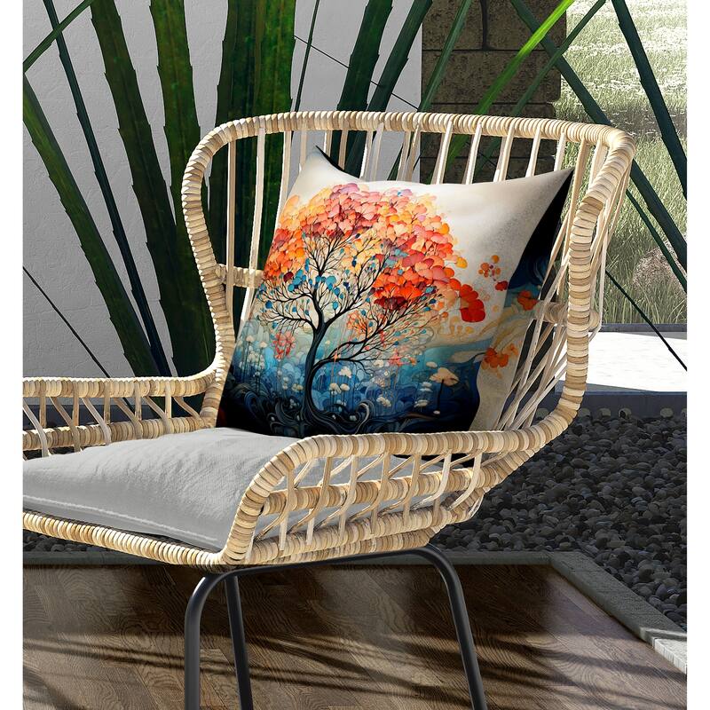 Beautiful Tree of Life Indoor/Outdoor Reversible Throw Pillow Orange and Blue