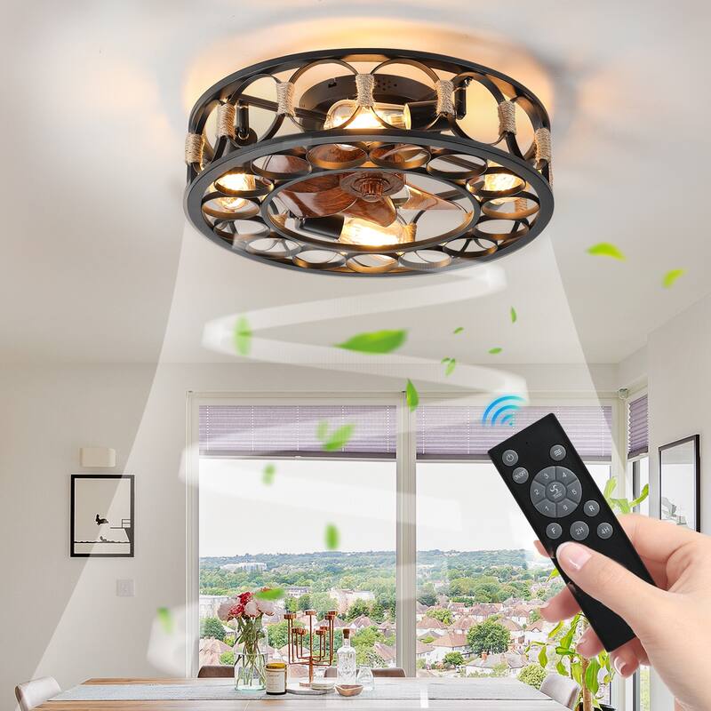 Cusp Barn 20-in Industrial Ceiling Fan with Lights Modern Farmhouse Low Profile Flush Mount DC Motor Ceiling Fan for Bedroom - Black