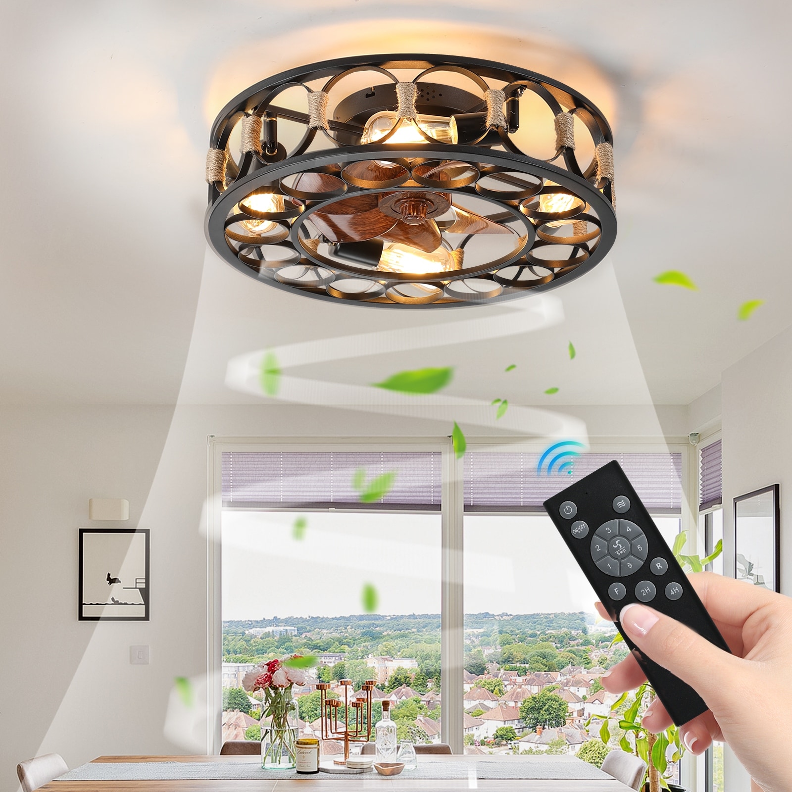 Cusp Barn 20-in Industrial Ceiling Fan with Lights Modern Farmhouse Low Profile Flush Mount DC Motor Ceiling Fan for Bedroom