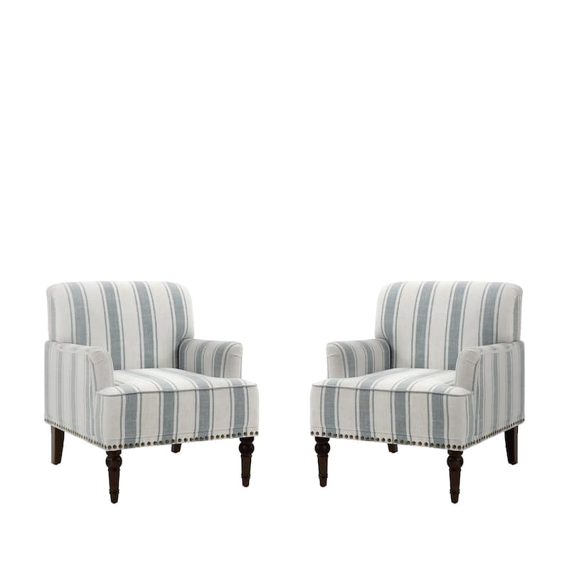 Set of 2 Stripe Linen Accent Arm Chairs with Nailhead Trim and Wood Legs