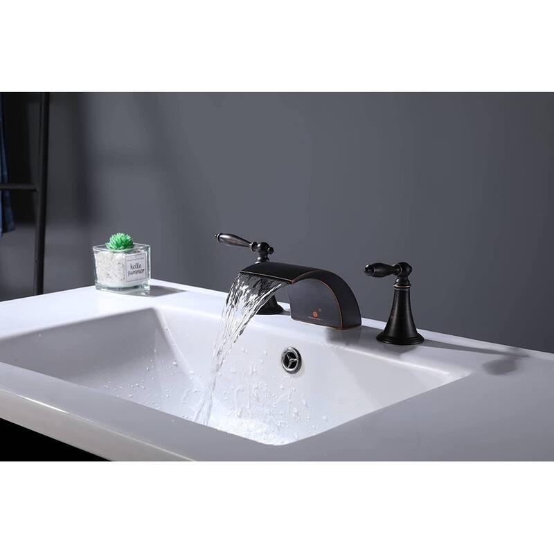 Oil Rubbed Bronze Waterfall Three Holes Two Handles Bathroom Sink Faucet With Pop Up Overflow Drain