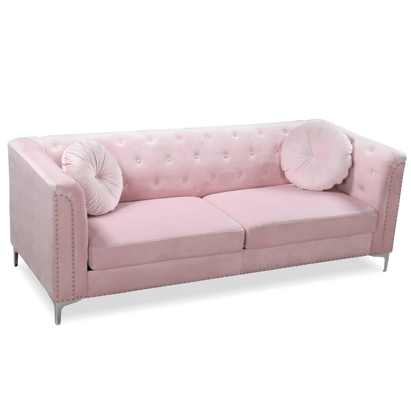 Tufted Nailhead Trim Velvet Sofa with Throw Pillows - 83" - Pink