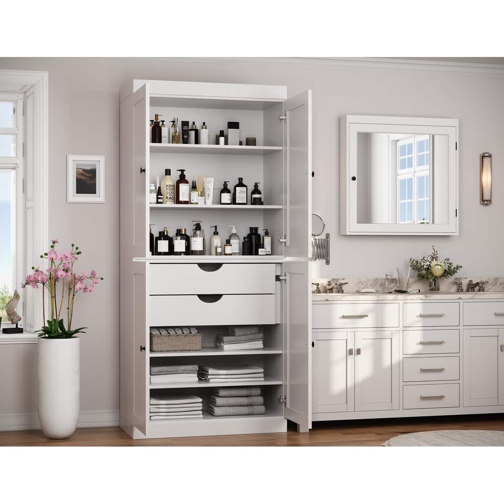 Palace Imports 100% Solid Wood Bathroom Storage Cabinet, Shaker Doors, 2 Drawers, Adjustable Shelves, 32" Wide, 71.5" Tall