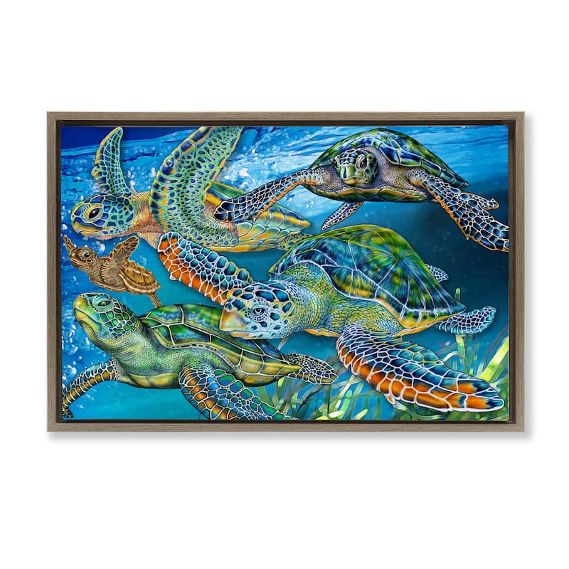 Stupell Tortoise Family Underwater Swim Framed Floater Canvas Wall Art Design By Tim Jeffs - 25 x 17 - Brown
