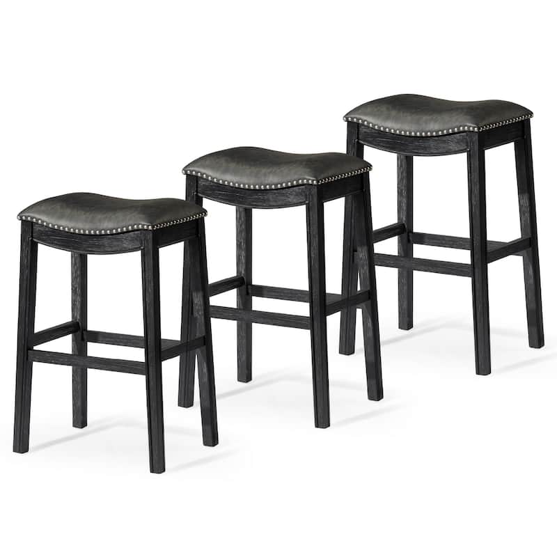 Maven Lane 31" Adrien Saddle Kitchen Bar Height Stool - N/A - Set of 3 - Aged Black Vegan Leather