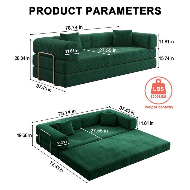 Modular Convertible Sleeper Sofa Bed, Corduroy Fabric Compression Sofa, Floor-Standing Sofa Bed with Armrests & Backrest