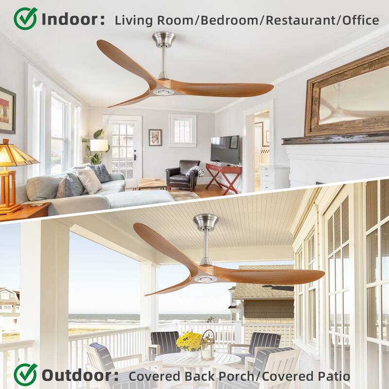 60" Smart Nickel Wood Ceiling Fan without Light, App/Remote Control