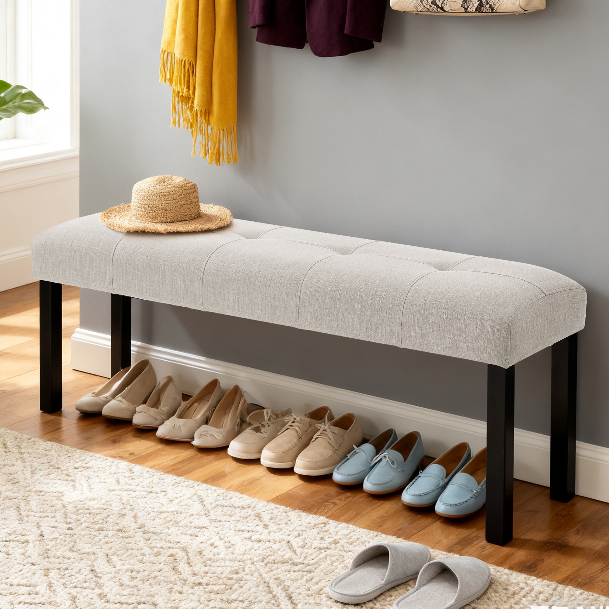 Roomfitters Modern Tufted Linen Dining Bench, 47 Inch Upholstered Entryway Bench with Wood Legs, Bedroom End Seating
