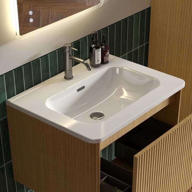 GDFStudio - Integrated Ceramic Basin for Bathroom Vanity, One-Piece Glossy Sink, Pre-Drilled without Drain Assembly - 24" - Gloss White