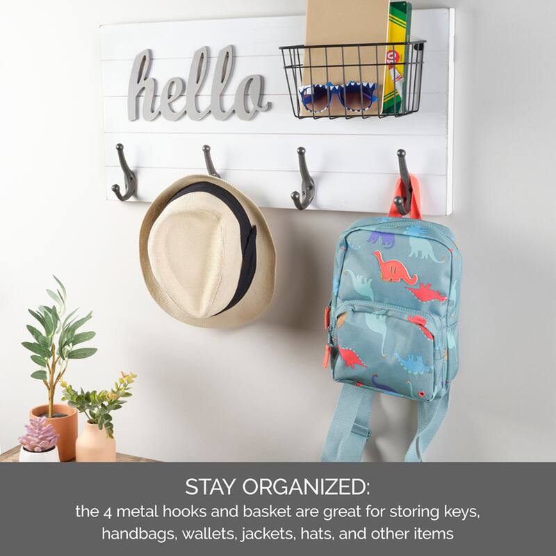 Melannco Hello Wall Plaque with Metal Hooks and a Basket, 24 Inch