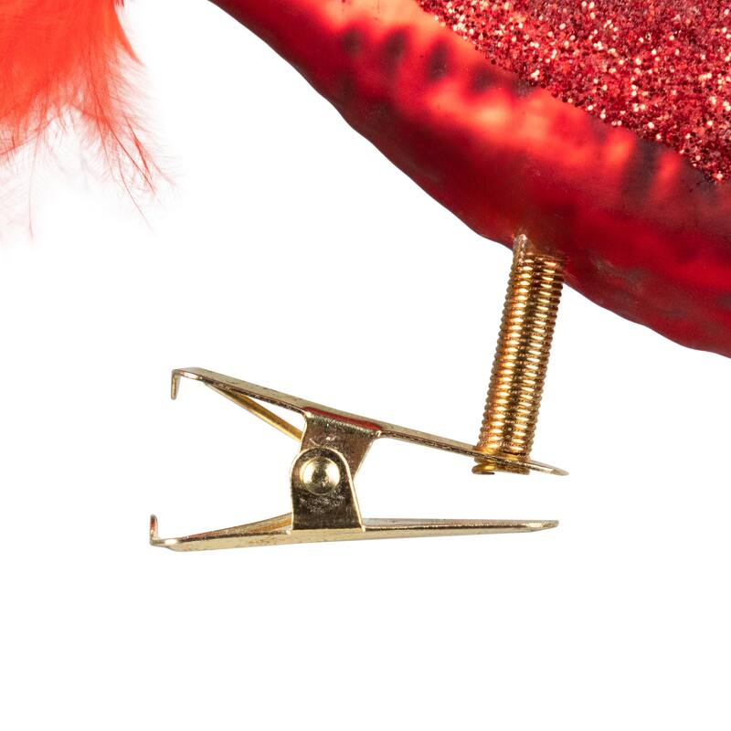 Glitter Winged Bird with Tail Clip On Glass Christmas Ornament - 5.5" - Red Orange