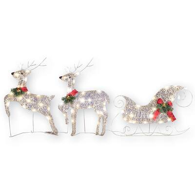 Lighted Reindeer & Christmas Sleigh Set - 25.500 x 17.250 x 3.500