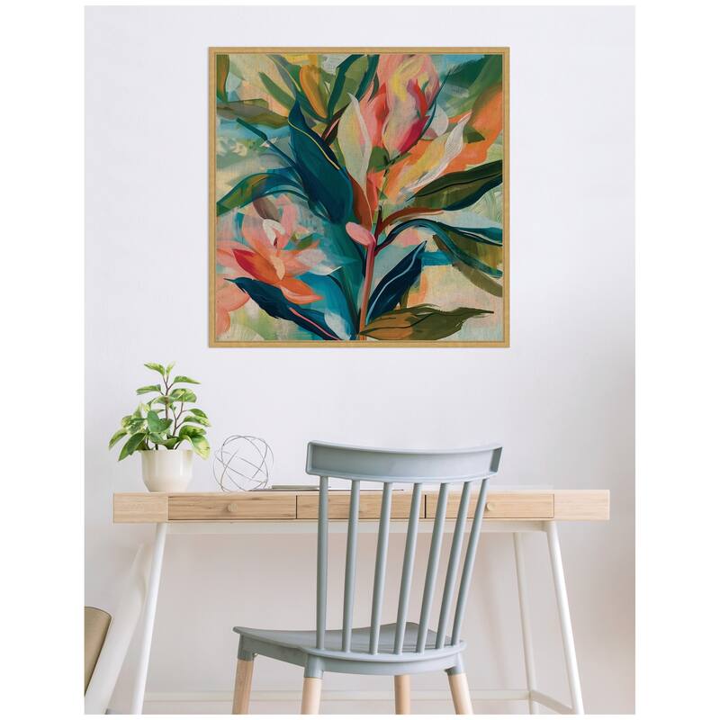 Kate and Laurel Sylvie Colorful Tropic Botanical Abstract Neutral Linen Framed Canvas by The Creative Bunch Studio