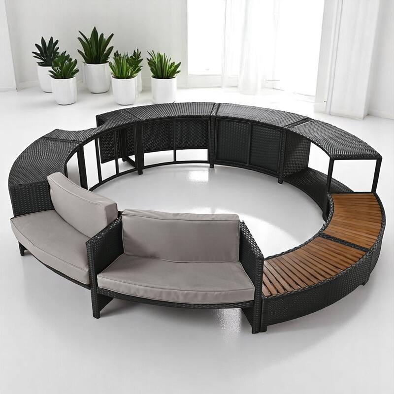 4-Piece Outdoor Patio Spa Surround Furniture Set with Cushioned and Wooden Seating, Mini Sofa, Storage Cabinet