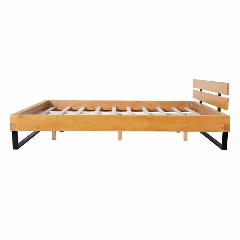 Pine Wood Bed Frame, Natural & Black Color