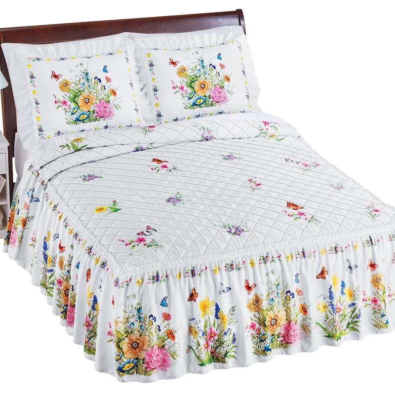 Colorful Poppy and Butterflies Ruffled Border Quilt Top Bedspread