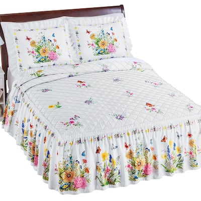 Colorful Poppy and Butterflies Ruffled Border Quilt Top Bedspread