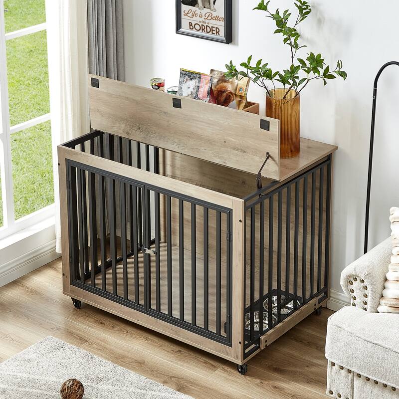 Dog Crate Furniture with Pull-Out Dog Bowls,Wooden Dog Kennel End Table with Wheels & Flip-Top,Indoor Dog House - grey