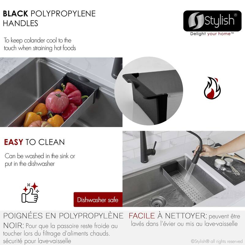 STYLISH Stainless Steel Over the Sink Colander with Non-slip Handle - External Size: 16 7/8" L x 5 1/2" W x 2 1/4" D