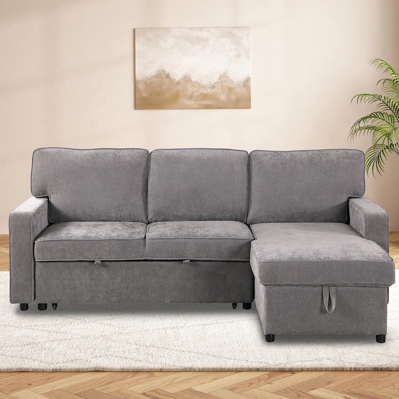 Chenille L-shaped Sectional Sofa with Pull Out Sleeper Bed, Reversible Storage Chaise, Folding Cup Holders and Charging Station