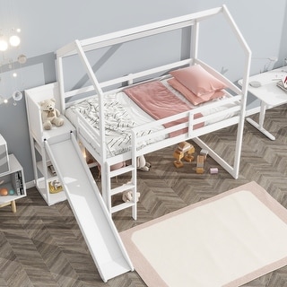 Twin House Loft Bed with Slide and Storage