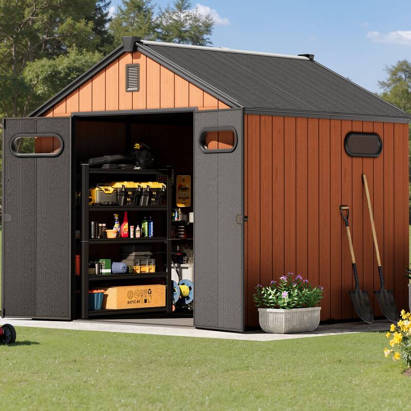 8' x 8' / 8' x 10'/ 8' x 12' Outdoor Resin Storage Shed with Lockable Doors and Air Vents for Garden