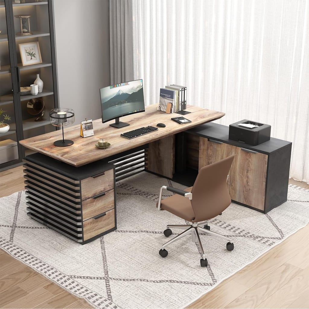 Adjustable L-Shaped Executive Desk with Outlets File Cabinets 3 Drawers Custom Size & Color