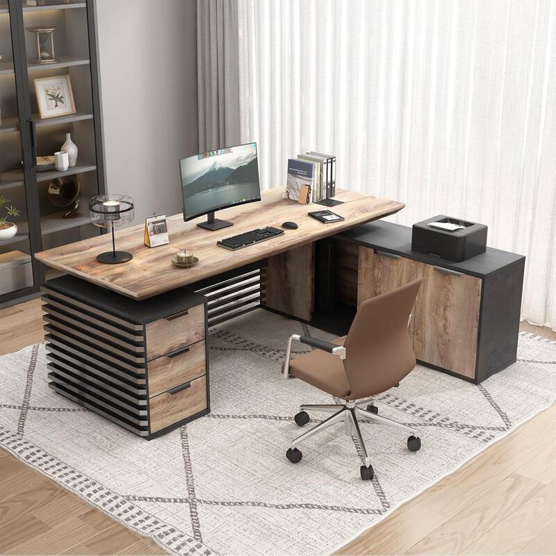L-Shaped Executive Desk Adjustable Height with Universal Charging Ports Drawers and Cable Management