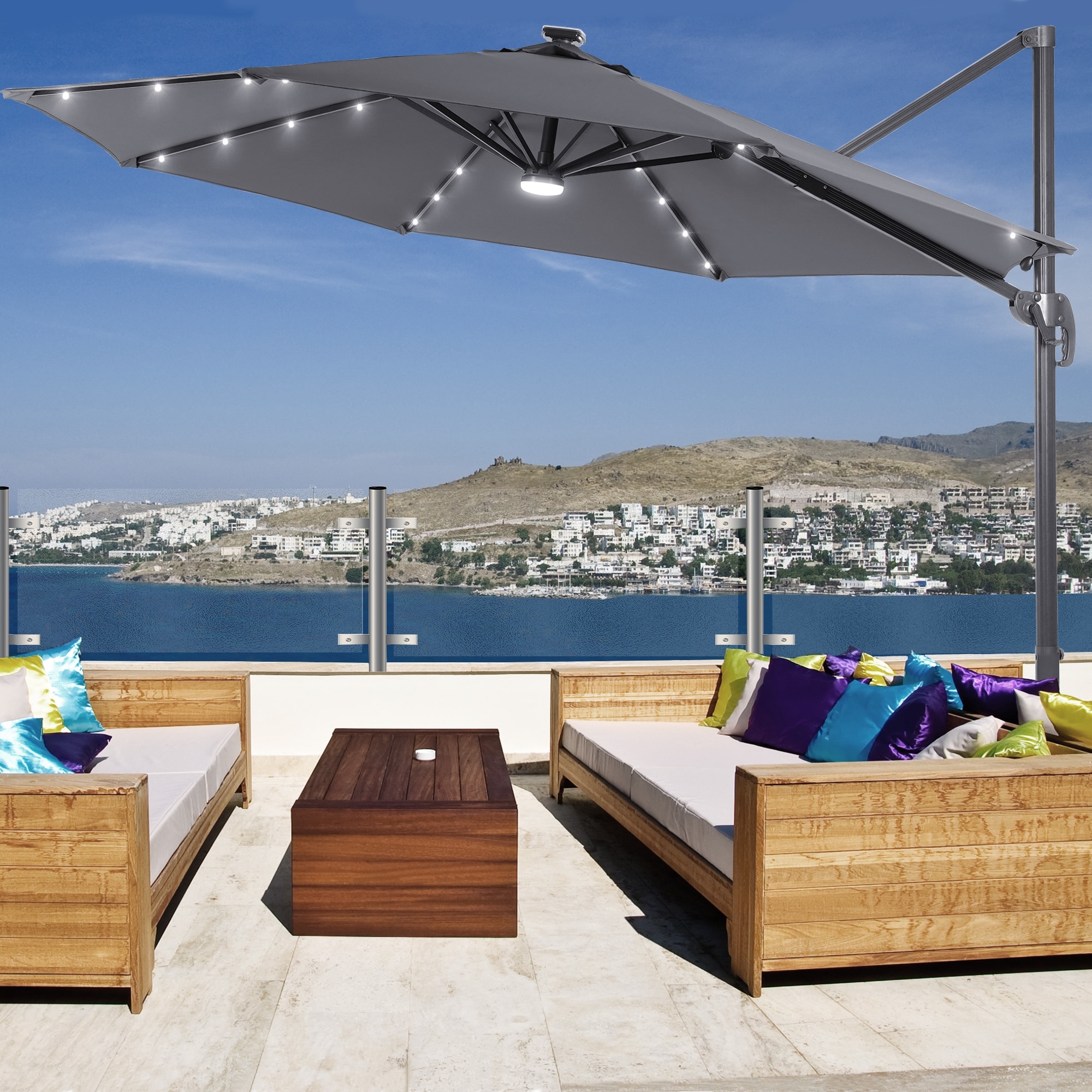 10 Ft LED Offset Cantilever Hanging Patio Umbrella by LIVOOSUN