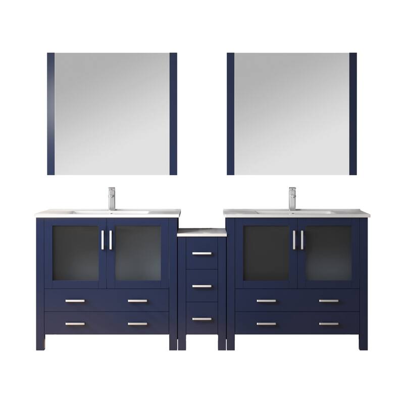 Volez Double Bath Vanity with Side Cabinet, Faucet Set, White Ceramic Top and Mirrors - 84 - Navy Blue
