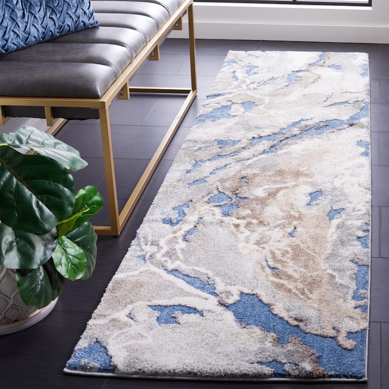 SAFAVIEH Cyrus Shag Kerasoula Abstract 1-inch Thick Rug - 2'2" x 7'9" Runner - Blue/Beige - Runner