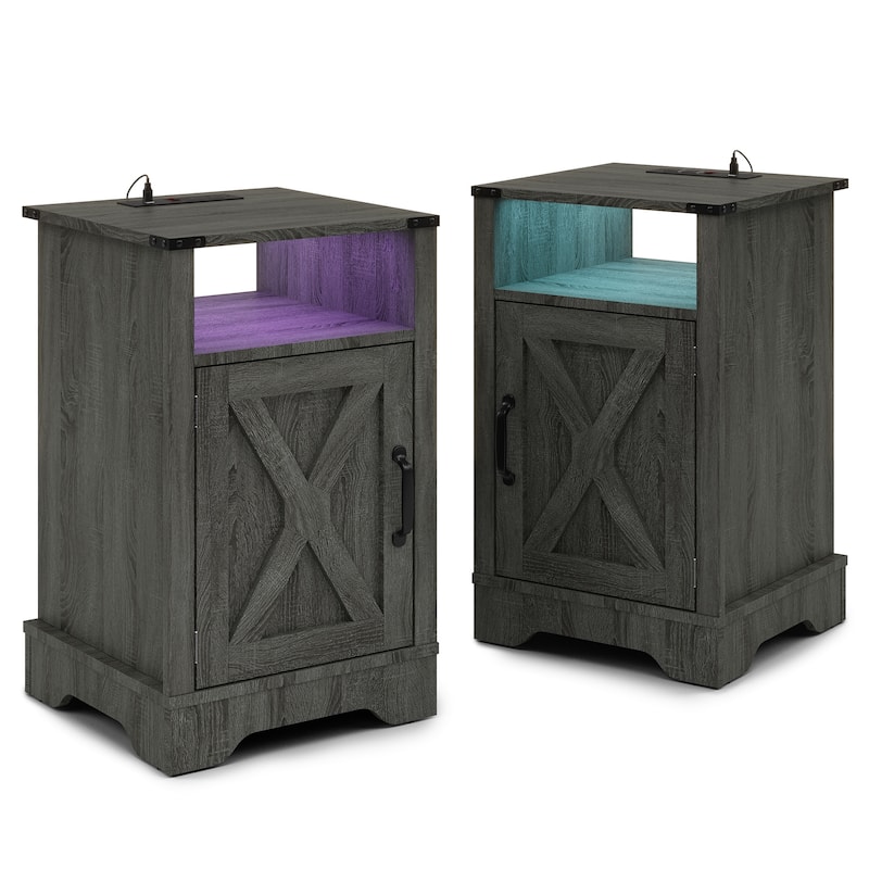 Farmhouse Nightstand Set of 2 With LED Lights and Charging Station
