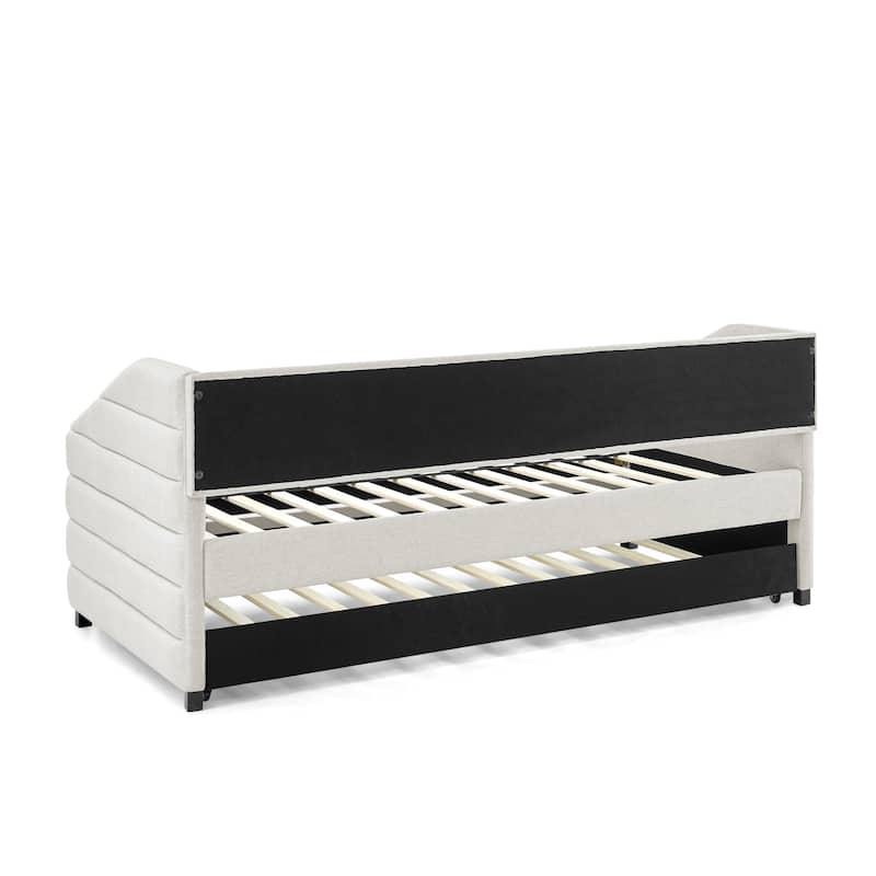 Linen Fabric Upholstered Daybed with Pull-Out Trundle or Storage Drawers, Tufted Sofa Bed Frame with Wood Slat Support