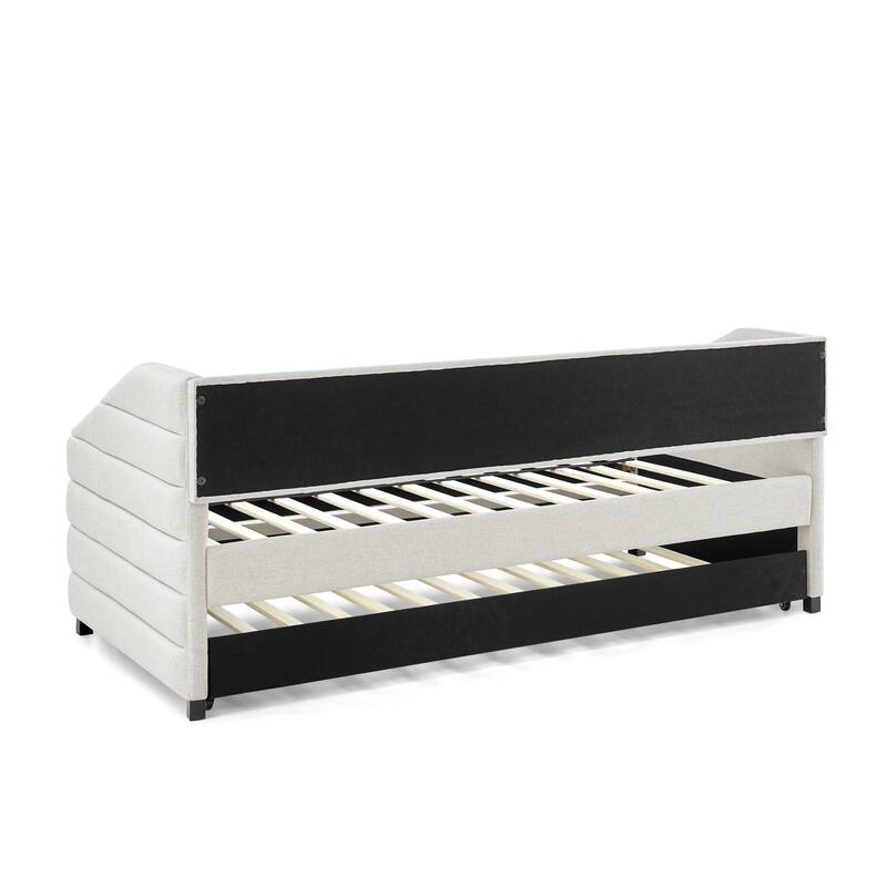 Roomfitters Queen/Twin Size Upholstered Daybed with Drawers, Linen Tufted Sofa Bed with Trundle Storage, Modern Guest Bed