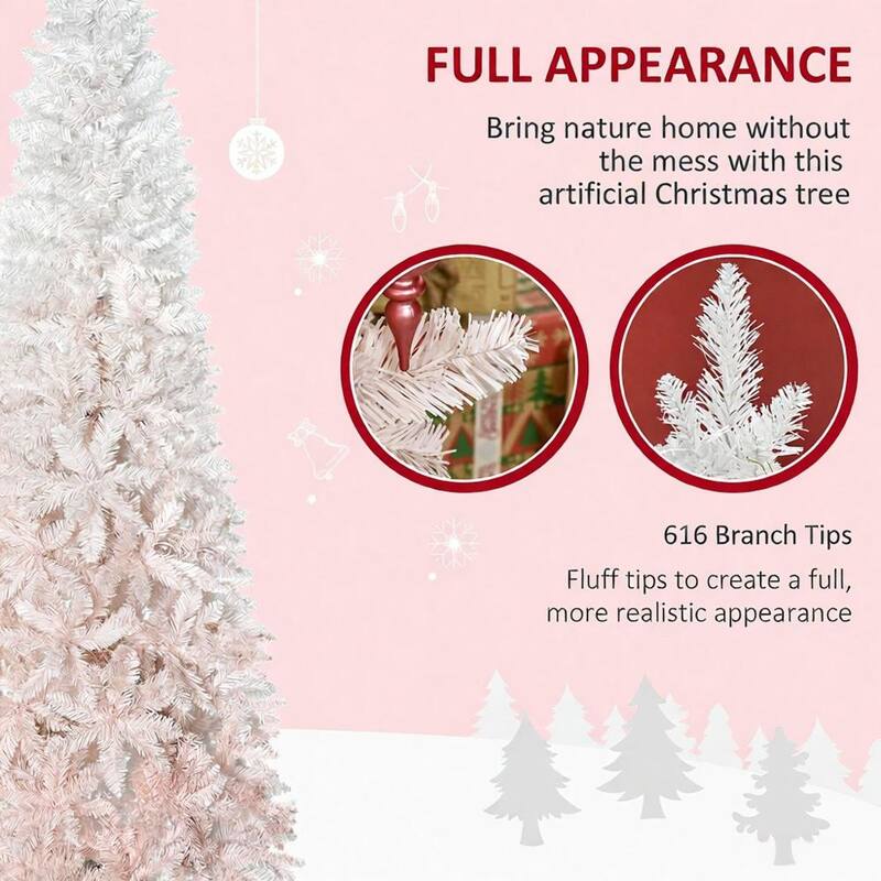 Tall Unlit Pencil Fir Artificial Tree - Realistic Branches, Steel Base - Pink,White