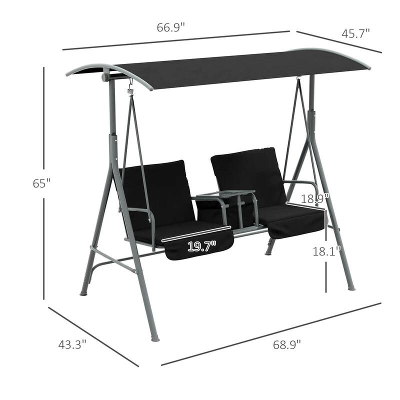 2-Seater Outdoor Porch Swing with Canopy and Table, Patio Swing Chair