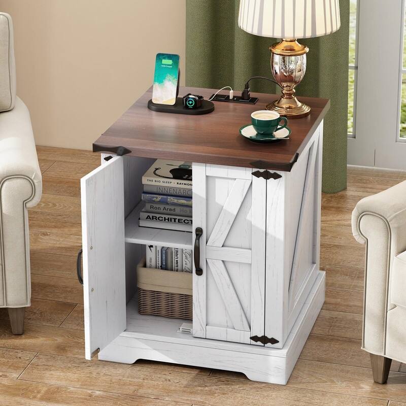 Farmhouse Nightstand with Charging Station, Rustic Bedside Table with Shelf