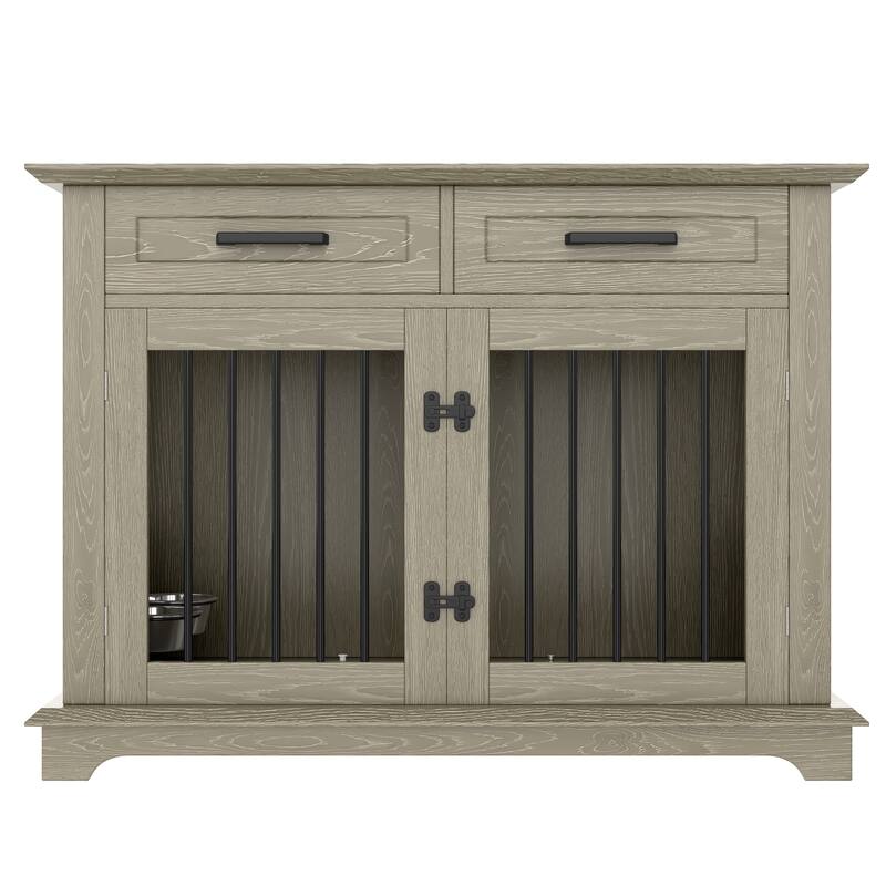 2 Doors Decorative Pet Cage Dog House with 2 Storage Drawers and Rotating Bowls, Wooden Large Dog Crate Furniture