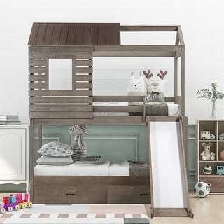 Merax House-Shaped Twin Over Twin Bunk Bed with Two Storage Drawers and ...