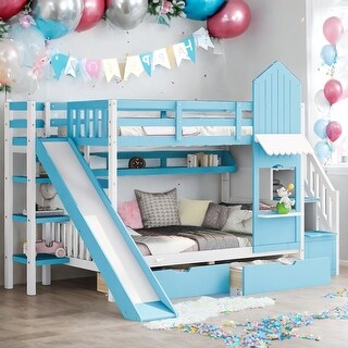 Sturdy Construction & Unique Twin-Over-Twin Castle Style Bunk Bed with 2 Drawers 3 Shelves & Slide.Blue
