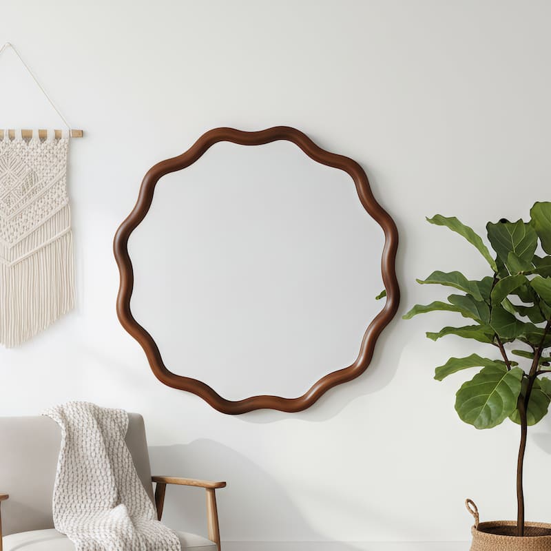 24 inch Wavy Round Solid Wood Frame Decorative Mirror,For Bedroom, Bathroom, Living Room, Entryway