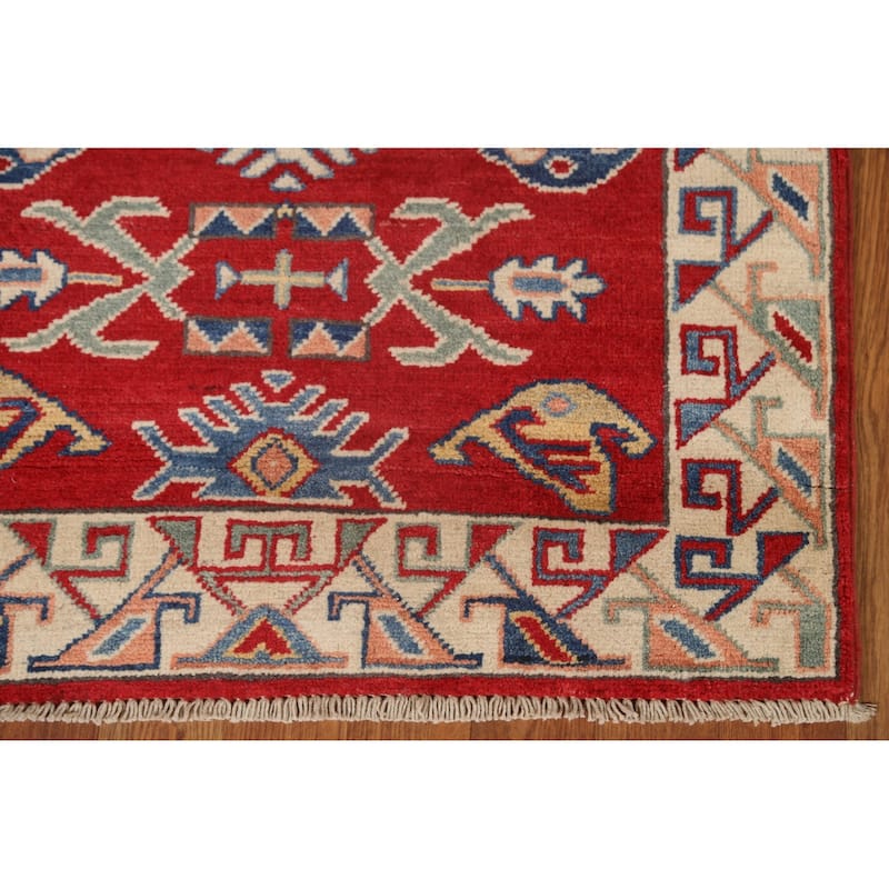 Red Geometric Kazak Oriental Traditional Wool Runner Rug Hand-knotted - 2'8" x 9'8"
