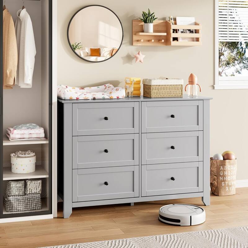 6 Drawer Dresser for Bedroom, Wooden Chest with Deep Drawers and Metal Knobs for Entryway, Hallway, or Kids Room