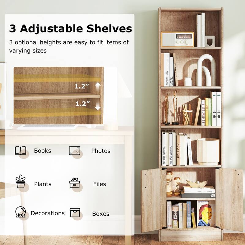 Gymax 71'' Bookshelf w/2-Door Cabinet 6-Tier Bookcase Tall Storage