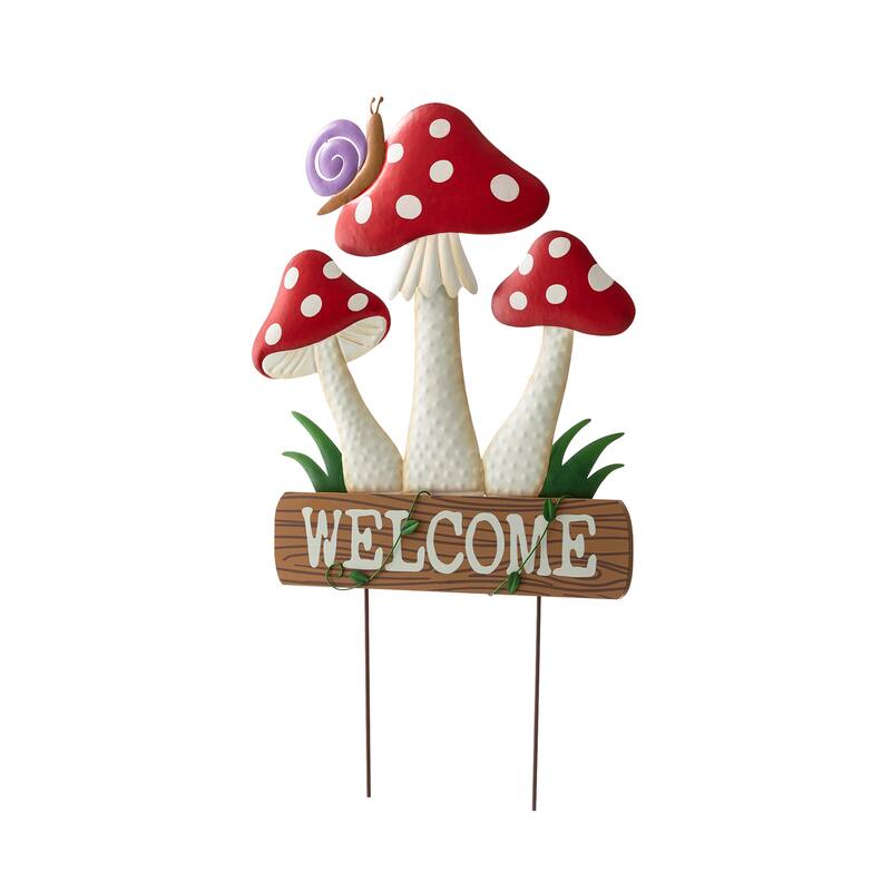 Glitzhome Metal/Wood Frog Stacked Mushroom Welcome Sign Yard Stakes Garden Wall Decor