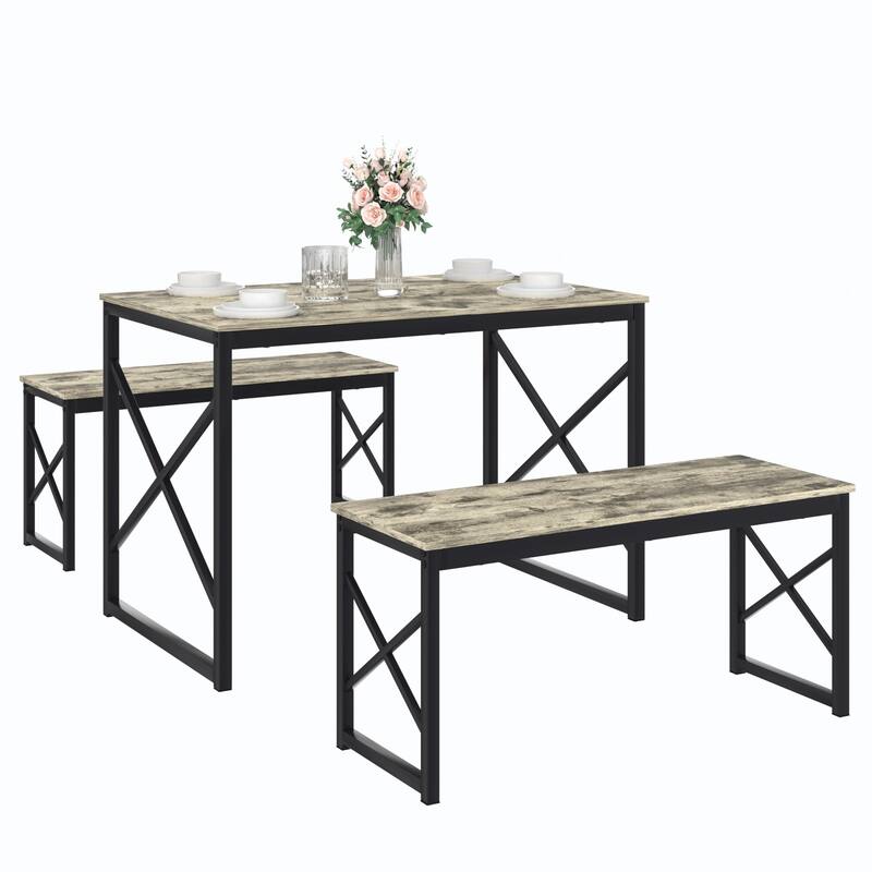 44.3" Dining Table with Benches Kitchen Table set for 4 Rectangular Dining Room Table Set with 2 Metal Wood Benches