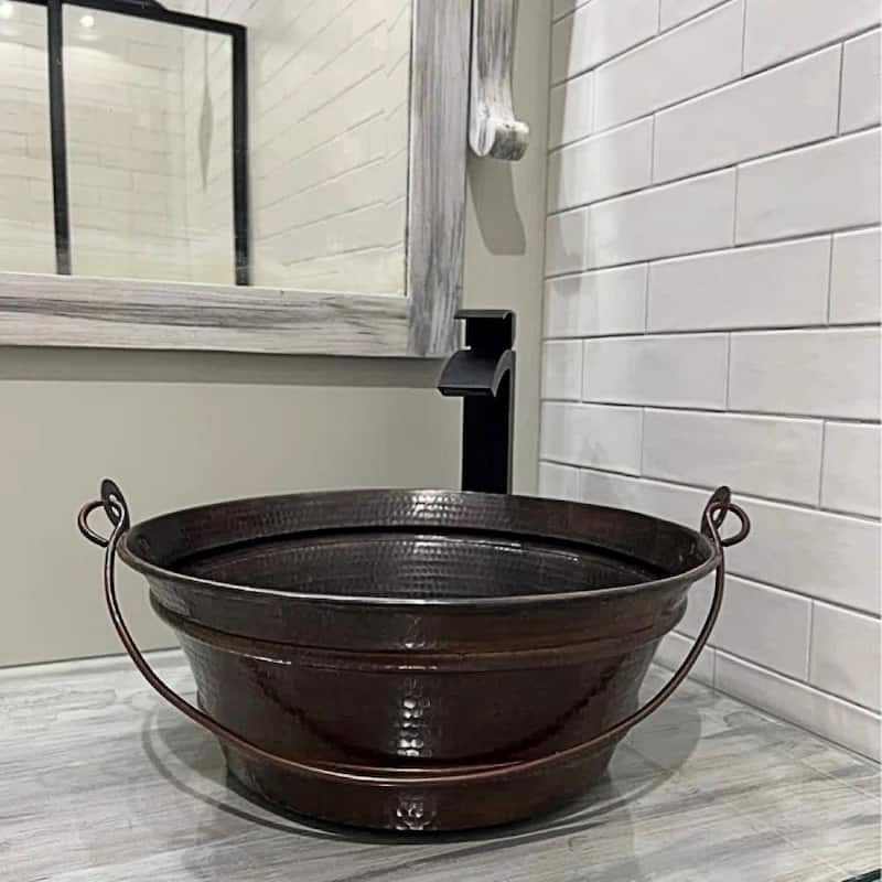 15" Rustic Copper Vessel BUCKET Bathroom Sink Pop-Up Drain Included by SimplyCopper - 15" x 15" x 6"