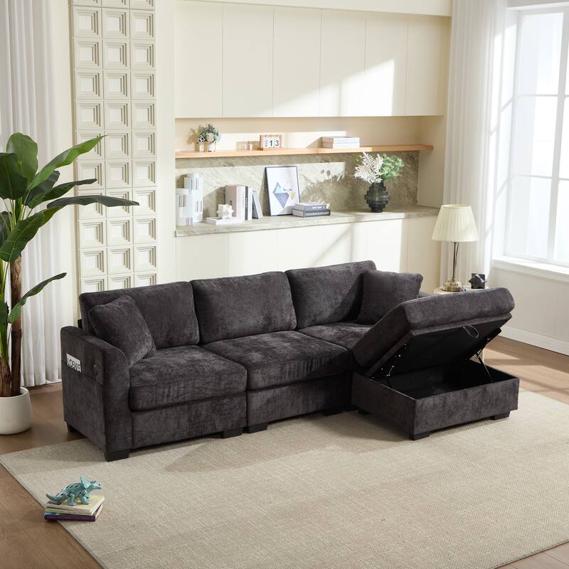 L-Shaped Modular Sectional Sofa with Storage Ottoman, 97" Chenille Corner Couch with USB Ports, Side Pockets